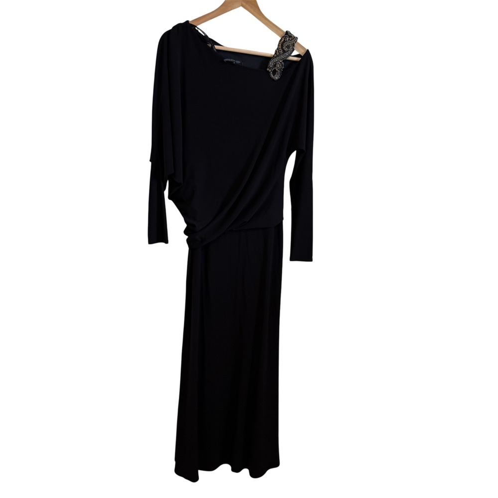 David Meister Black One Shoulder Beaded Long Sleeve Maxi Dress